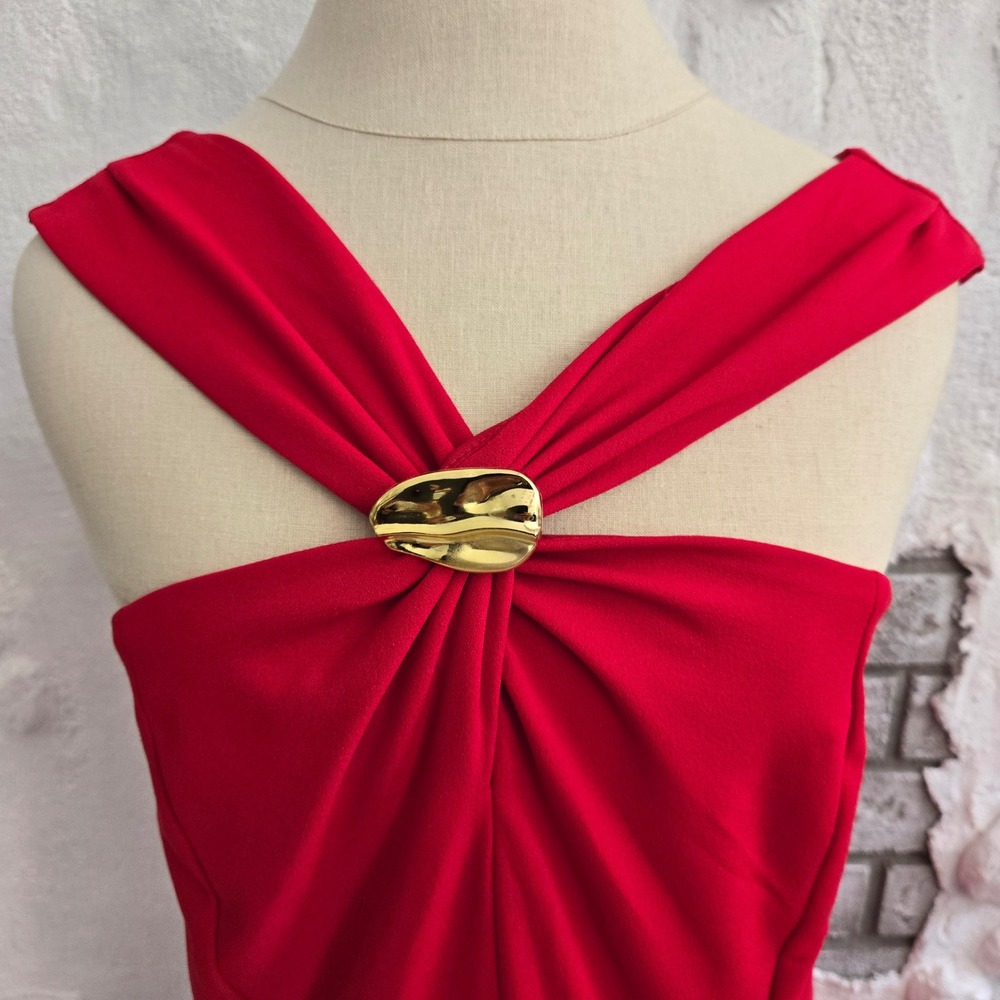 Elegant Red Halter Midi Dress with Gold Hardware Accent A-Line Formal Dress - Picture 5 of 16